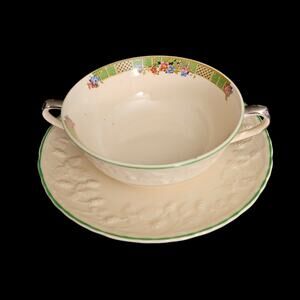 Vintage Brambleberry Soup Cup Saucer Set of 2 Floral Green Trim